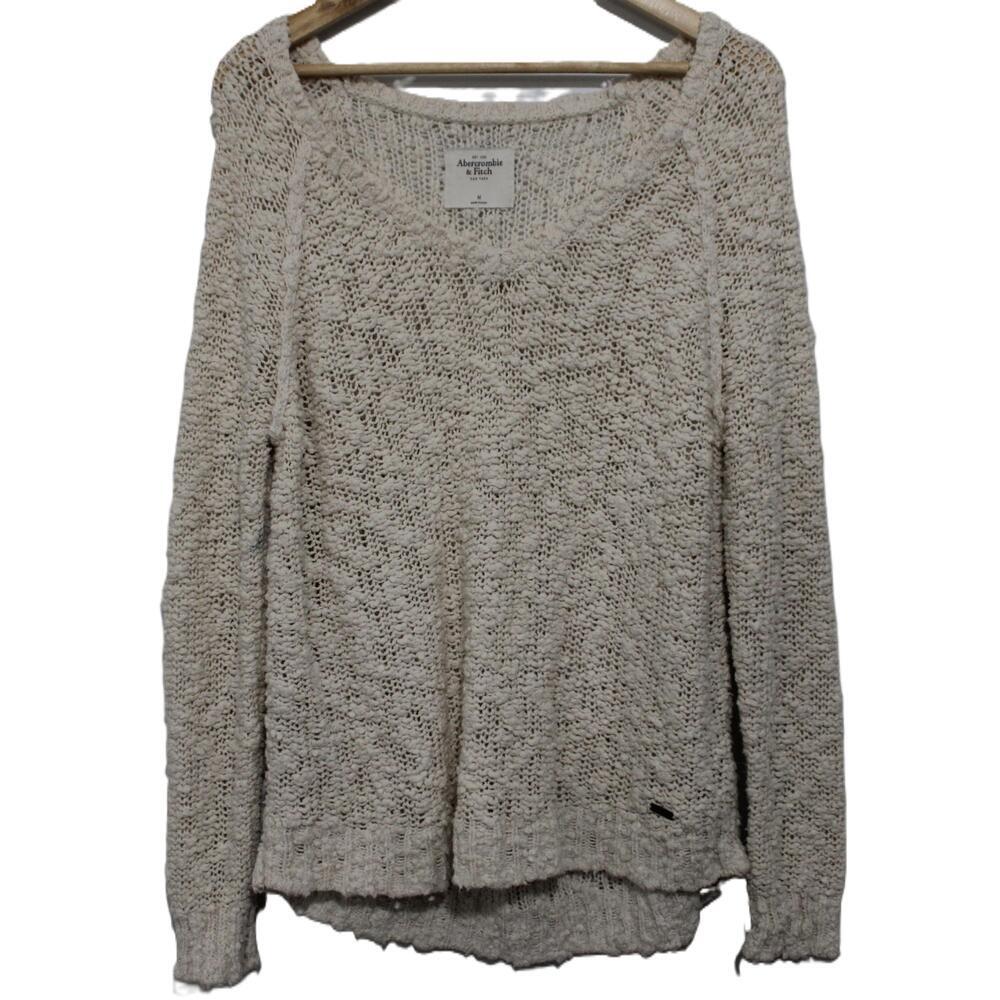Abercrombie & Fitch Cream Ribbed Knit Long Sleeve Pullover V-Neck Sweater Size M